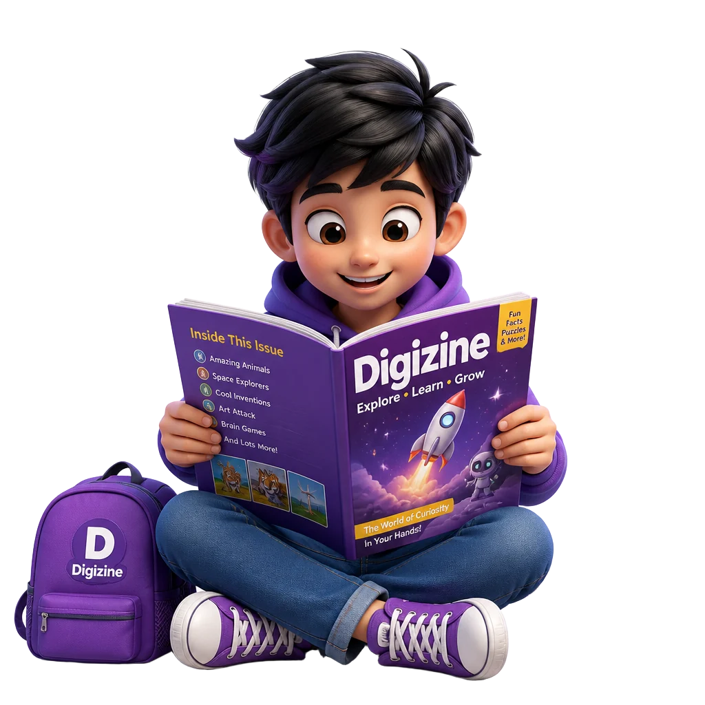 Smiling child reading the Digizine magazine